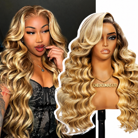 P18/613 Blonde Highlight 360 Lace Wig – 100% Human Hair Glueless Body Wave Wig with Hidden Strap, Pre-Plucked Hairline & Baby Hair