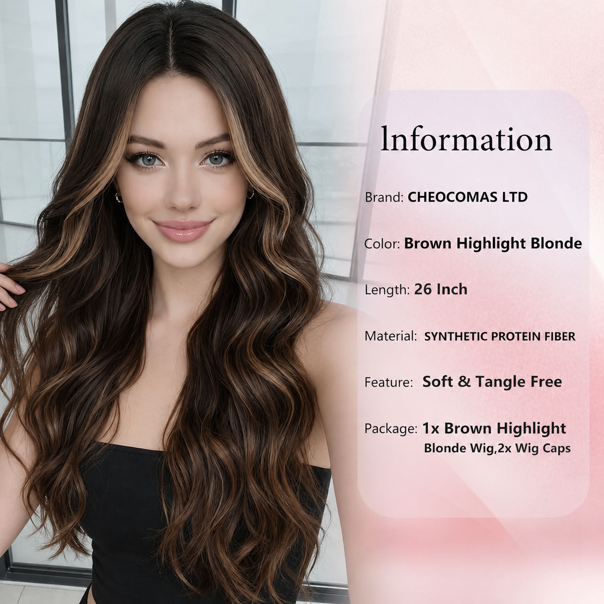 26-Inch Brown Highlight Blonde Wavy Wig – Long Layered Synthetic Hair with Natural-Looking Part
