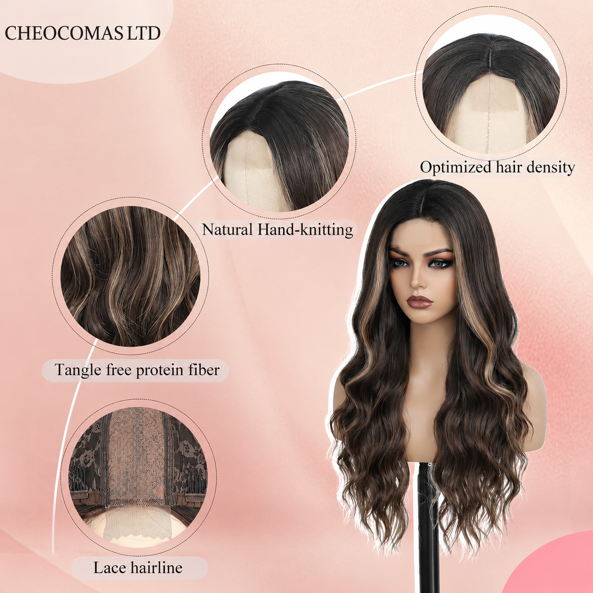 26-Inch Brown Highlight Blonde Wavy Wig – Long Layered Synthetic Hair with Natural-Looking Part