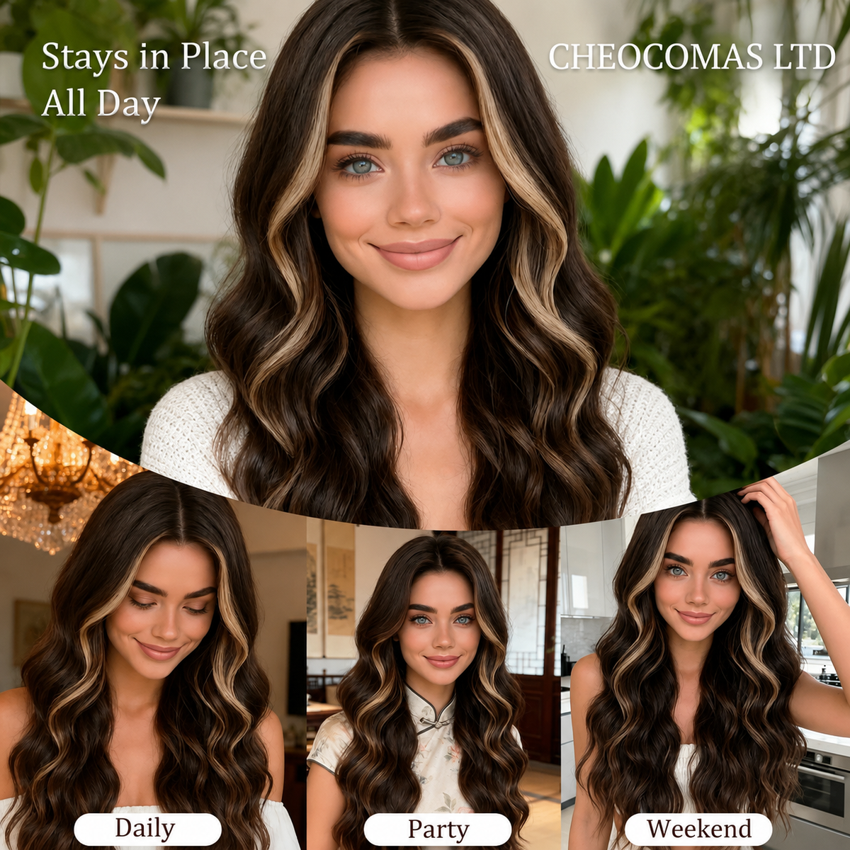 26-Inch Brown Highlight Blonde Wavy Wig – Long Layered Synthetic Hair with Natural-Looking Part