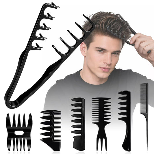 7Pcs Men's Hair Styling Kit for Blow Drying, Volume & Texture - Professional Comb Set for Quiff, Pompadour, Slick Back Hairstyles - Wide Tooth, Texture & Rat Tail Combs for All Hair Types