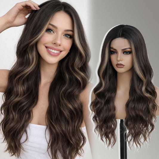 26-Inch Brown Highlight Blonde Wavy Wig – Long Layered Synthetic Hair with Natural-Looking Part