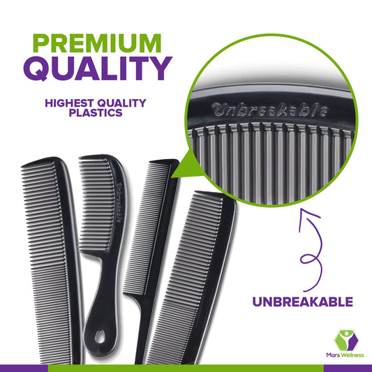 Mars Wellness 4 Piece Professional Black Comb Set for Women, Men -USA MADE