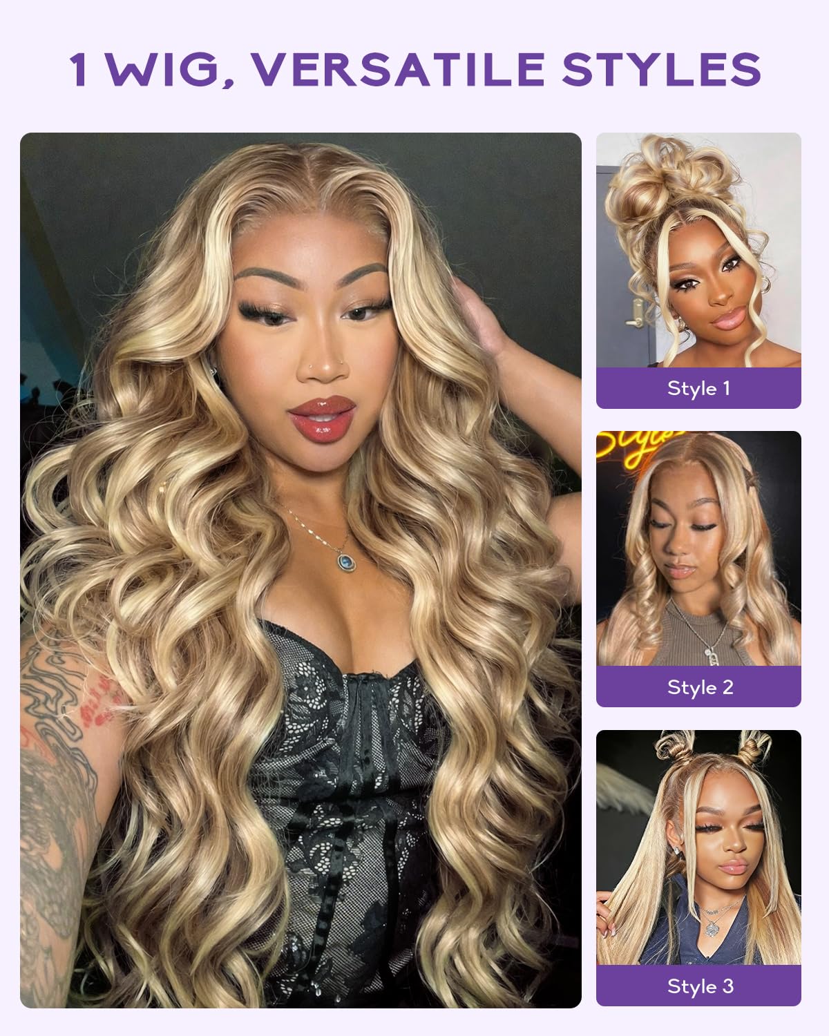 P18/613 Blonde Highlight 360 Lace Wig – 100% Human Hair Glueless Body Wave Wig with Hidden Strap, Pre-Plucked Hairline & Baby Hair