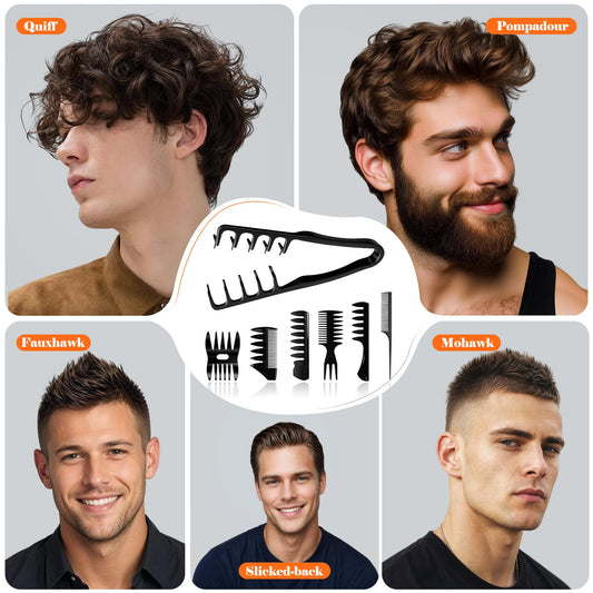 7Pcs Men's Hair Styling Kit for Blow Drying, Volume & Texture - Professional Comb Set for Quiff, Pompadour, Slick Back Hairstyles - Wide Tooth, Texture & Rat Tail Combs for All Hair Types