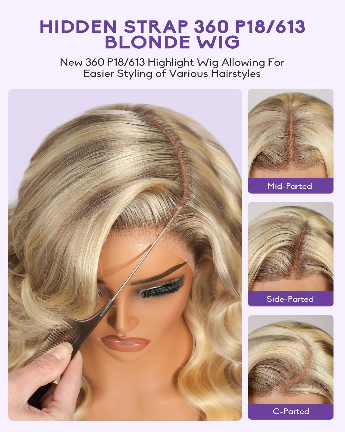 P18/613 Blonde Highlight 360 Lace Wig – 100% Human Hair Glueless Body Wave Wig with Hidden Strap, Pre-Plucked Hairline & Baby Hair