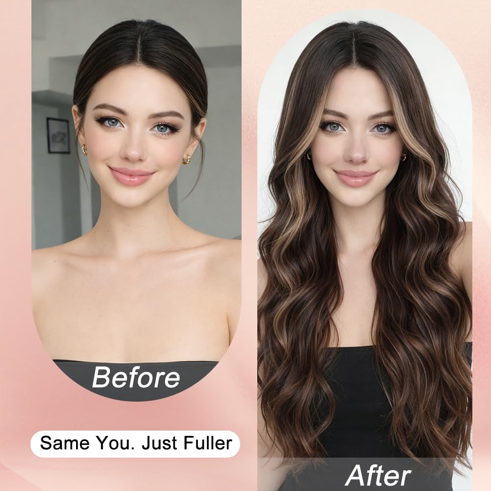 26-Inch Brown Highlight Blonde Wavy Wig – Long Layered Synthetic Hair with Natural-Looking Part