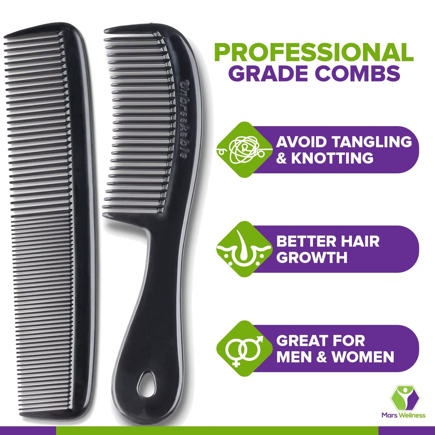Mars Wellness 4 Piece Professional Black Comb Set for Women, Men -USA MADE