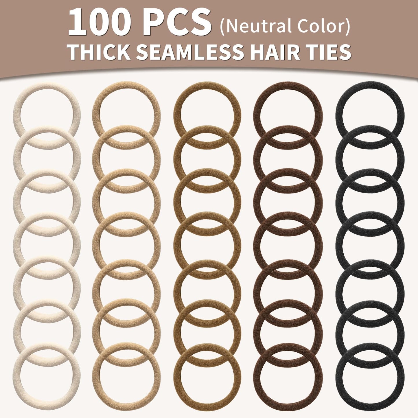 Hair Ties Black 100Count Extra Thick 5CM, Bulk Elastic Hair Bands for Thick Heavy Hair, Seamless Hair Accessories for Women, Girls, Ponytail Holder (Neutral Color)