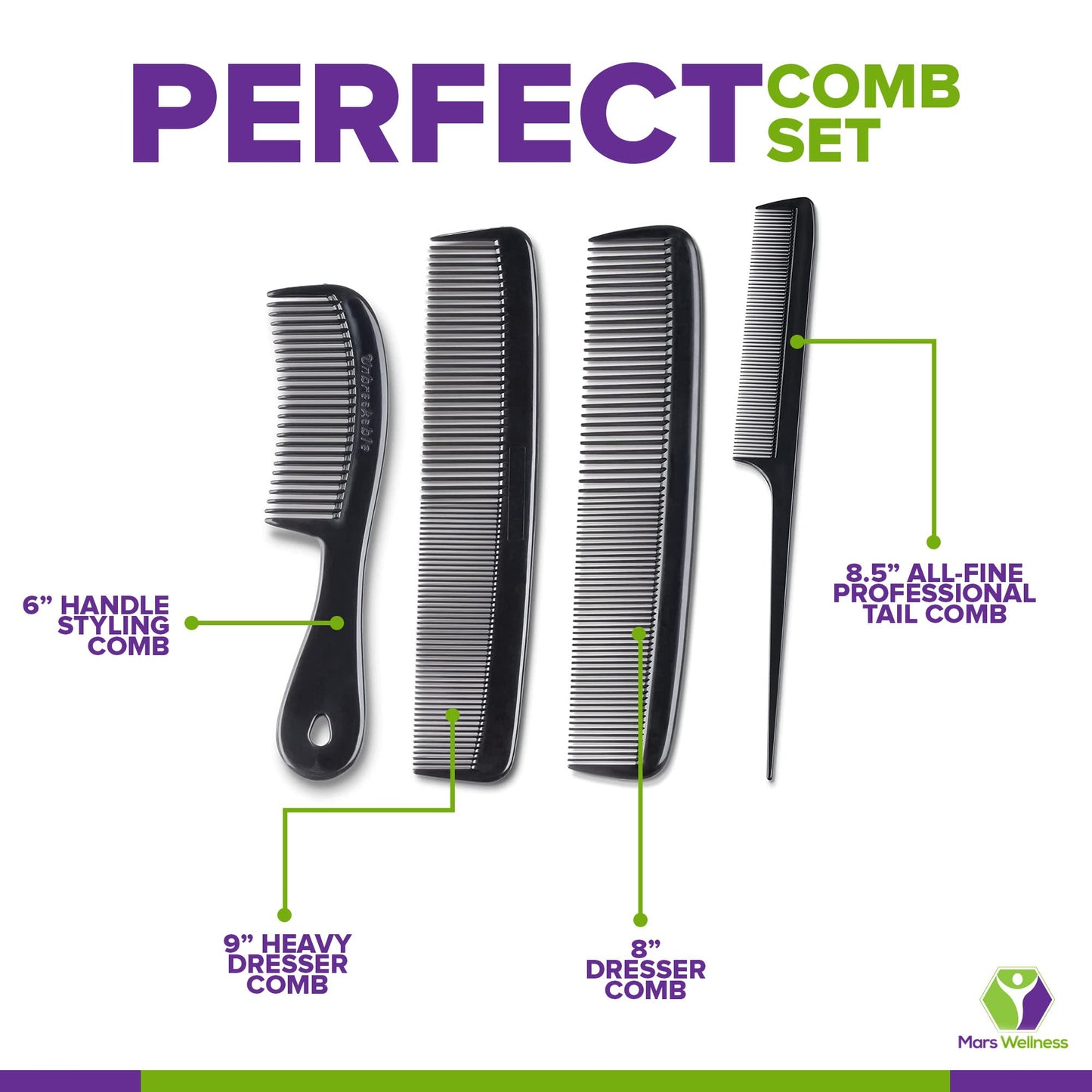 Mars Wellness 4 Piece Professional Black Comb Set for Women, Men -USA MADE