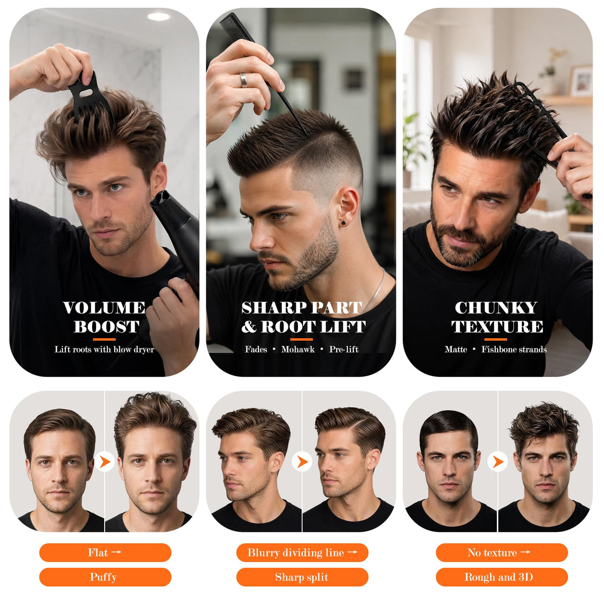 7-Piece Men's Hair Styling Comb Set for Volume & Texture