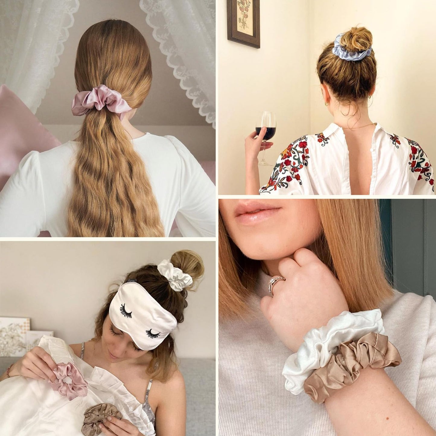 Hair Scrunchies for Frizz&Breakage Prevention, 100% Mulberry Silk Hair Ties No Damage, Elastic Silk ponytail Holders