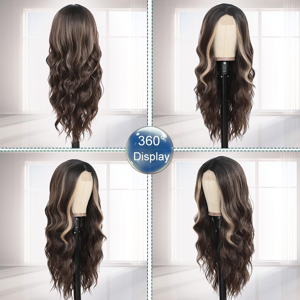 26-Inch Brown Highlight Blonde Wavy Wig – Long Layered Synthetic Hair with Natural-Looking Part